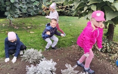 Na zdjęciu znajdują się dzieci, kt&oacute;re sadzą żonkile.