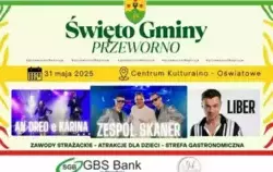 Plakat promujący wydarzenie pn. Święto Gminy Przeworno. Odbędzie się 31 maja 2025 r. przy Centrum Kulturalno - Oświatowym w Przewornie