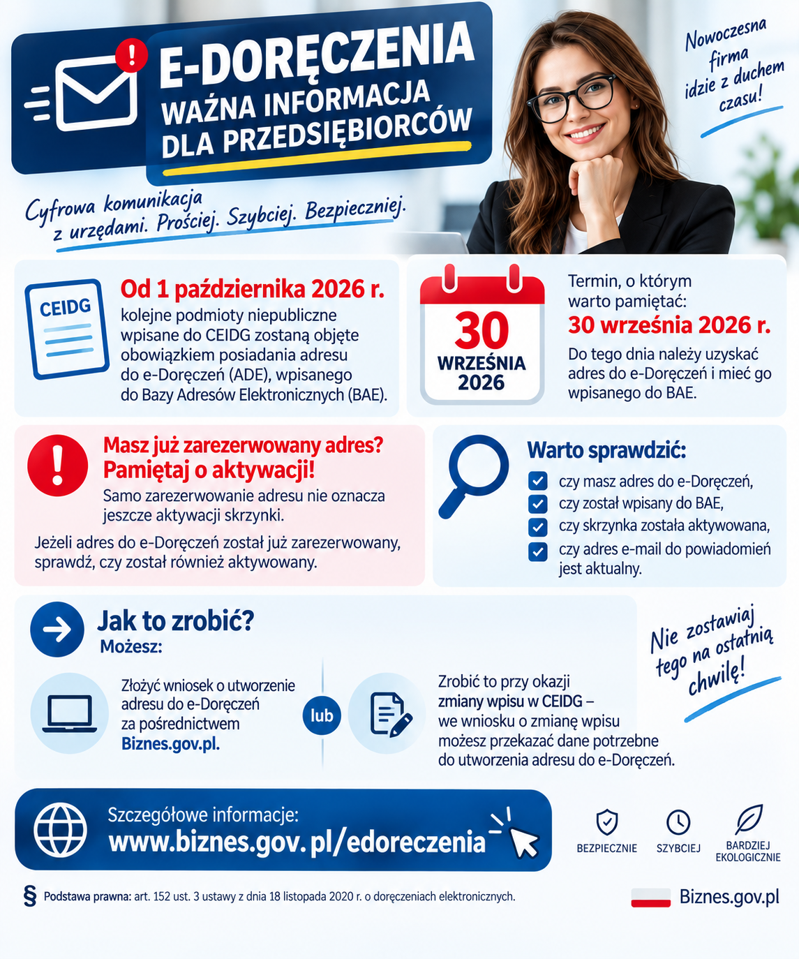 Od 1 października 2026 r. kolejne podmioty niepubliczne wpisane do CEIDG zostaną objęte obowiązkiem posiadania adresu do e-Doręczeń wpisanego do Bazy Adres&oacute;w Elektronicznych (BAE).  Termin, o&nbsp;kt&oacute;rym warto pamiętać: 30 września 2026 r.  Jeżeli Tw&oacute;j adres do e-Doręczeń został już zarezerwowany, sprawdź, czy&nbsp;został r&oacute;wnież aktywowany.  Samo zarezerwowanie adresu nie oznacza jeszcze aktywacji skrzynki.  Warto sprawdzić sw&oacute;j status z&nbsp;wyprzedzeniem i&nbsp;upewnić się, że&nbsp;adres e-mail służący do powiadomień jest aktualny.  Szczeg&oacute;łowe informacje: biznes.gov.pl/edoreczenia
