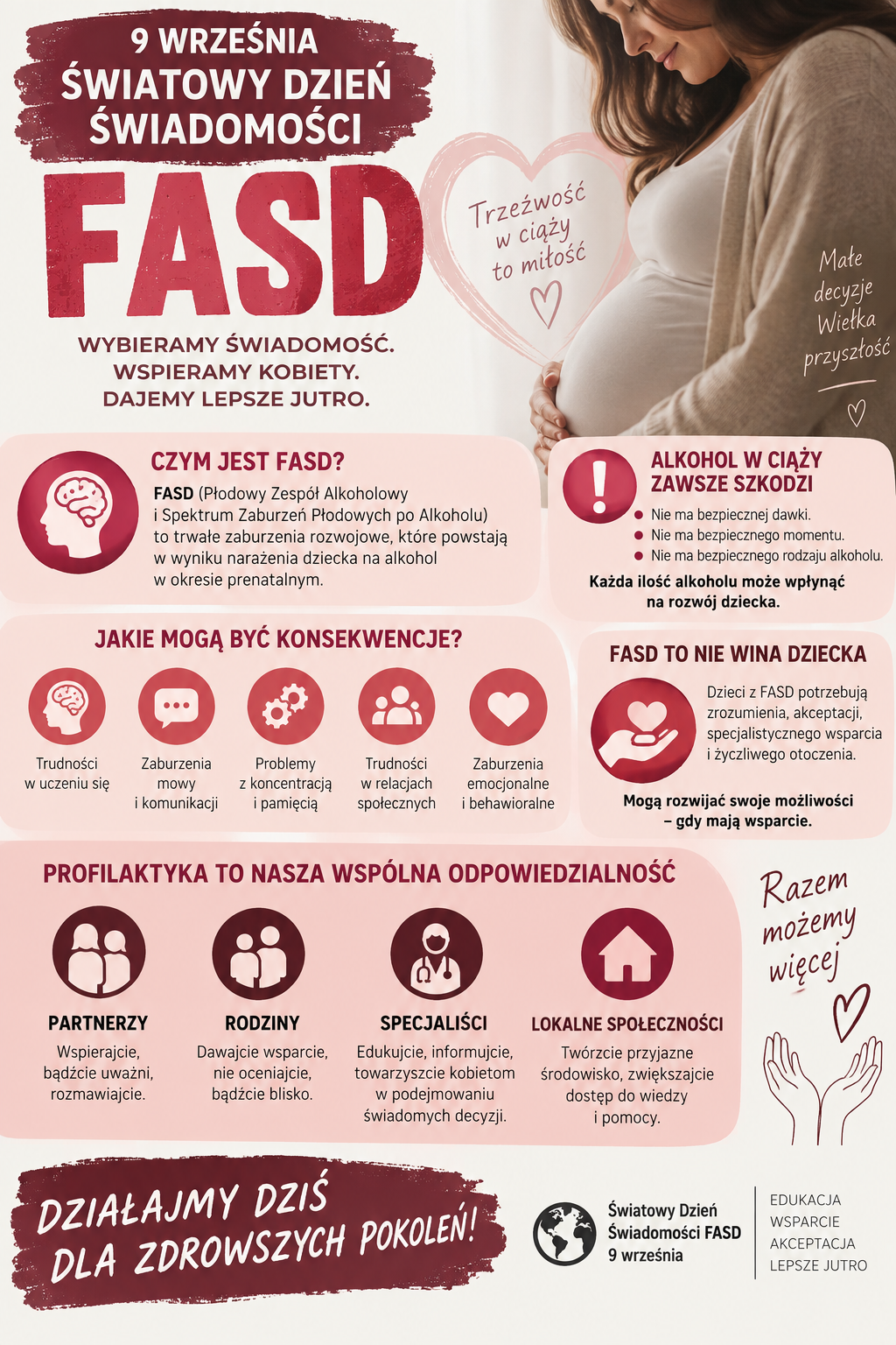 Plakat z&nbsp;okazji Światowego Dnia Świadomości FASD, obchodzonego 9 września. Na plakacie widoczna jest kobieta w&nbsp;ciąży oraz&nbsp;hasło &bdquo;Trzeźwość w&nbsp;ciąży to miłość&rdquo;. Grafika wyjaśnia, czym jest FASD, przypomina, że&nbsp;alkohol w&nbsp;ciąży zawsze szkodzi i&nbsp;nie istnieje jego bezpieczna dawka. Wymieniono możliwe konsekwencje FASD, m.in. trudności w&nbsp;uczeniu się, komunikacji, koncentracji, relacjach społecznych oraz&nbsp;regulacji emocji i&nbsp;zachowania. Plakat podkreśla, że&nbsp;FASD to nie wina dziecka, a&nbsp;osoby z&nbsp;FASD potrzebują zrozumienia i&nbsp;wsparcia. Końcowy przekaz zachęca partner&oacute;w, rodziny, specjalist&oacute;w i&nbsp;lokalne społeczności do wsp&oacute;lnego działania na&nbsp;rzecz profilaktyki, wsparcia kobiet i&nbsp;zdrowia przyszłych pokoleń. 