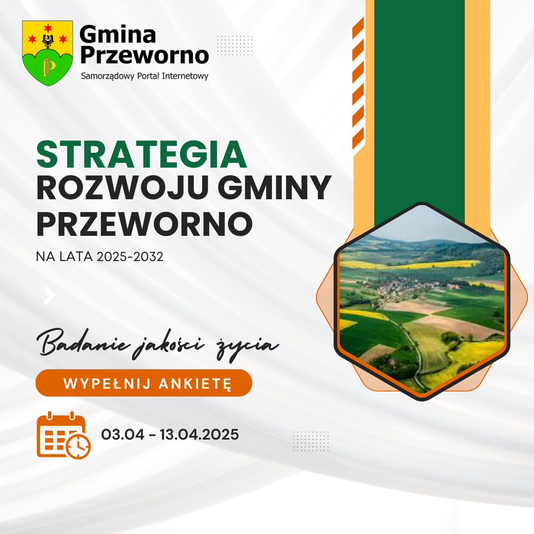 Grafika przedstawiająca zdjęcie Gminy Przeworno z lotu ptaka oraz tekst: STRATEGIA ROZOWJU GMINY PRZEWORNO NA LATA 2025-2032. Badanie jakości życia, wypełnij ankietę od 03.04.-13.04.2025