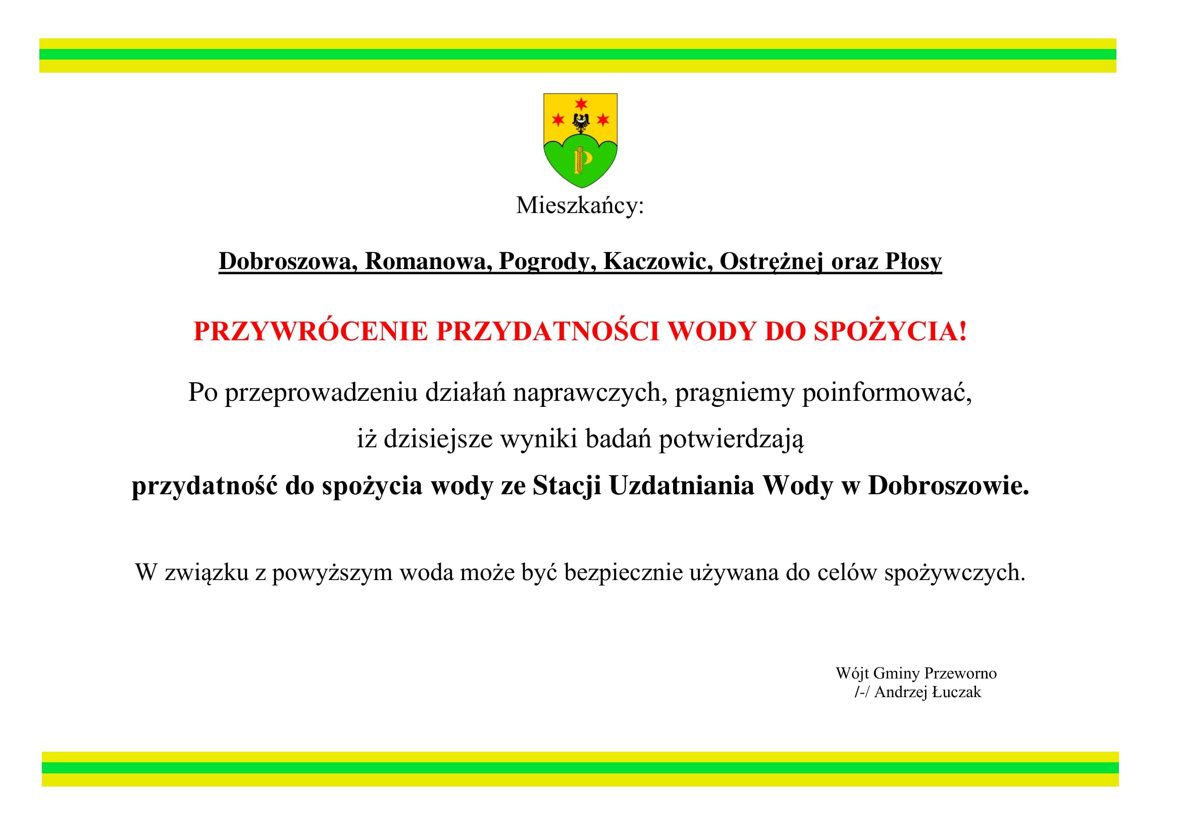 Woda ze Stacji Uzdatniania Wody Dobroszów zdatna do celów spożywczych