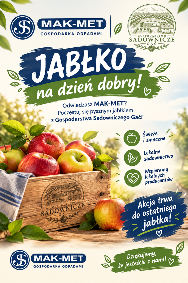 Zapraszamy mieszkańc&oacute;w gmin członkowskich Związku Międzygminnego Ślęza-Oława do wzięcia udziału w&nbsp;akcji &bdquo;Jabłko na&nbsp;dzień dobry!&rdquo;  Organizator - firma MAK-MET we wsp&oacute;łpracy z&nbsp;lokalnym partnerem &ndash; Gospodarstwem Sadowniczym Gać.  W ramach akcji osoby odwiedzające PSZOK w&nbsp;Godzikowicach, ul. Stalowa 12, będą mogły poczęstować się jabłkami od lokalnego producenta.  Inicjatywa na&nbsp;celu promowanie zdrowych nawyk&oacute;w, wspieranie lokalnego sadownictwa i&nbsp;dzielenie się z&nbsp;mieszkańcami tym co dobre i&nbsp;regionalne.