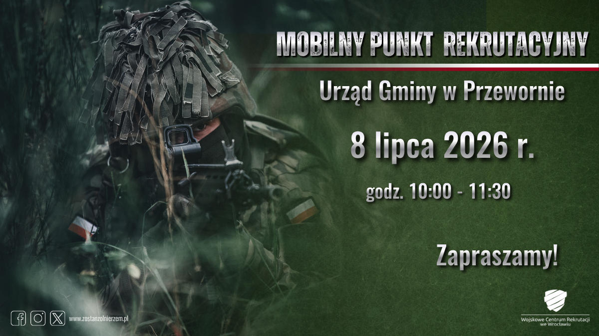Mobilny Punkt Rekrutacyjny w&nbsp;Urzędzie Gminy Przeworno  Informujemy, że&nbsp;w dniu 8 lipca 2026 r. (środa) w&nbsp;godz. 10:00&ndash;11:30 w&nbsp;budynku Urzędu Gminy Przeworno przy ul. Kolejowej 4A będzie działał Mobilny Punkt Rekrutacyjny Wojskowego Centrum Rekrutacji we Wrocławiu.  Punkt będzie zlokalizowany w&nbsp;pokoju nr 5 na&nbsp;parterze budynku Urzędu Gminy (pierwsze drzwi po prawej stronie od wejścia gł&oacute;wnego).  Podczas spotkania będzie można uzyskać informacje dotyczące r&oacute;żnych form służby wojskowej, zasad rekrutacji do Wojska Polskiego oraz&nbsp;możliwości rozwoju zawodowego w&nbsp;Siłach Zbrojnych RP.  Serdecznie zapraszamy wszystkich zainteresowanych mieszkańc&oacute;w do skorzystania z&nbsp;możliwości bezpośredniej rozmowy z&nbsp;przedstawicielami Wojskowego Centrum Rekrutacji.