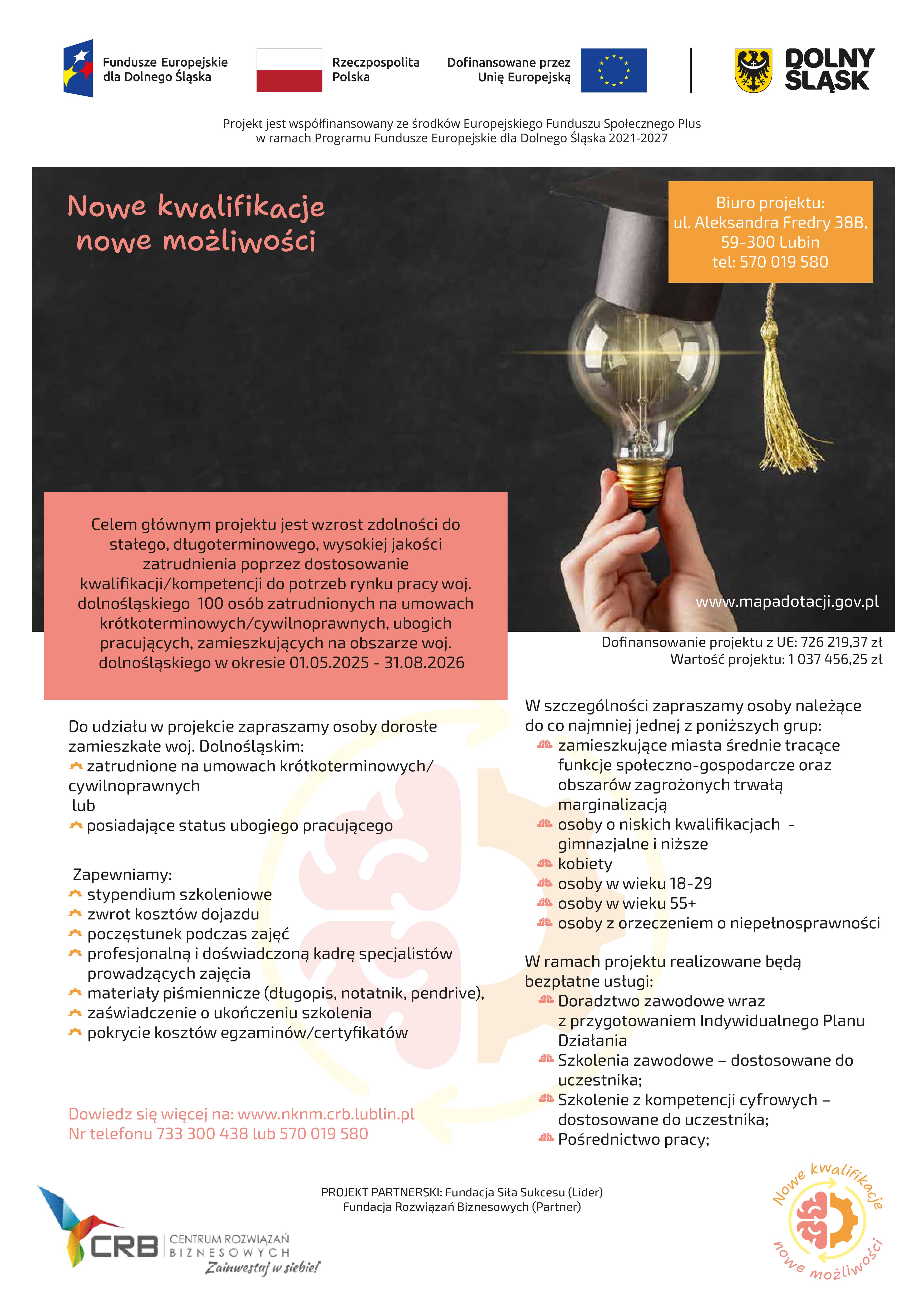 Fundacja Siła Sukcesu (Lider projektu) wraz z&nbsp;Fundacją Centrum Rozwiązań Biznesowych realizują projekt &bdquo;Nowe kwalifikacje &ndash; nowe możliwości&rdquo;, kt&oacute;ry jest wsp&oacute;łfinansowany ze środk&oacute;w Europejskiego Funduszu Społecznego Plus w&nbsp;ramach Programu Fundusze Europejskie dla Dolnego Śląska 2021-2027.  Jego gł&oacute;wnym celem jest wzrost zdolności do stałego, długoterminowego, wysokiej jakości zatrudnienia poprzez dostosowanie kwalifikacji/kompetencji do potrzeb rynku pracy woj. dolnośląskiego, 100 os&oacute;b (min. 60 Kobiet; 10 os&oacute;b z&nbsp;niepełnosprawnościami) zatrudnionych na&nbsp;umowach kr&oacute;tkoterminowych / cywilnoprawnych, ubogich pracujących, zamieszkujących na&nbsp;obszarze woj. dolnośląskiego w&nbsp;okresie 01.05.2025 r. - 31.08.2026 r., dzięki zindywidualizowanemu i&nbsp;kompleksowemu wsparciu w&nbsp;projekcie.  Zapraszamy uczestnik&oacute;w spełniających kryteria do skorzystania z&nbsp;bezpłatnych zajęć/szkoleń:  - Doradztwo zawodowe wraz z&nbsp;przygotowaniem indywidualnego planu działania(dalej IPD) - Szkolenia zawodowe - Szkolenia z&nbsp;kompetencji cyfrowych - Pośrednictwo pracy - Staże zawodowe  Do udziału w&nbsp;projekcie zapraszamy: &bull; osoby dorosłe zamieszkałe woj. dolnośląskie (100% uczestnik&oacute;w); &bull; osoby zatrudnione na&nbsp;umowach kr&oacute;tkoterminowych/cywilnoprawnych lub&nbsp;osoby, kt&oacute;re maja status ubogiego pracującego*.  W szczeg&oacute;lności: &bull; mieszkańcy miast średnich tracących funkcje społeczno-gospodarcze* oraz&nbsp;obszar&oacute;w zagrożonych trwałą marginalizacją* (min. 70% uczestnik&oacute;w); &bull; osoby o&nbsp;niskich kwalifikacjach - gimnazjalne i&nbsp;niższe (min. 40% uczestnik&oacute;w); &bull; kobiety (min. 60% uczestnik&oacute;w) &bull; osoby w&nbsp;wieku 18-29 (min. 35% uczestnik&oacute;w) &bull; osoby 55+ (min. 10% uczestnik&oacute;w) &bull; osoby z&nbsp;orzeczeniem o&nbsp;niepełnosprawności (min. 10% uczestnik&oacute;w)  Planowane rezultaty (efekty) do osiągnięcia w&nbsp;projekcie po jego zakończeniu: &bull; Liczba os&oacute;b pracujących, łącznie z&nbsp;prowadzącymi działalność na&nbsp;własny rachunek, objętych wsparciem w&nbsp;programie - 100 os&oacute;b (60 K, 40 M) &bull; Liczba os&oacute;b w&nbsp;wieku 18-29 lat objętych wsparciem w&nbsp;programie&ndash; 35 osoby (21K, 14M), &bull; Liczba os&oacute;b w&nbsp;wieku 55 lat i&nbsp;więcej objętych wsparciem w&nbsp;programie &ndash; 6 osoby (6K, 4M) &bull; Liczba mieszkańc&oacute;w miast średnich tracących funkcje społeczno-gospodarcze i&nbsp;obszar&oacute;w zagrożonych trwałą marginalizacją objętych wsparciem w&nbsp;programie &ndash;70 os&oacute;b 42K, 28M), &bull; Liczba os&oacute;b, kt&oacute;re posiadają niskie kwalifikacje - z&nbsp;wykształceniem do poziomu ISCED 3 włącznie objętych wsparciem w&nbsp;programie- 40 os&oacute;b (24K, 16 M) &bull; Liczba os&oacute;b, kt&oacute;re podjęły kształcenie lub&nbsp;szkolenie po opuszczeniu programu - 3 os&oacute;b (2K, 1M) &bull; Liczba os&oacute;b, kt&oacute;re uzyskały kwalifikacje po opuszczeniu programu- 95 os&oacute;b (57K, 38 M) &bull; Liczba os&oacute;b z&nbsp;niepełnosprawnościami objętych wsparciem w&nbsp;programie - 3 os&oacute;b (2K, 1 M)  Więcej informacji na&nbsp;stronie projektu: http://www.nknm.crb.lublin.pl/