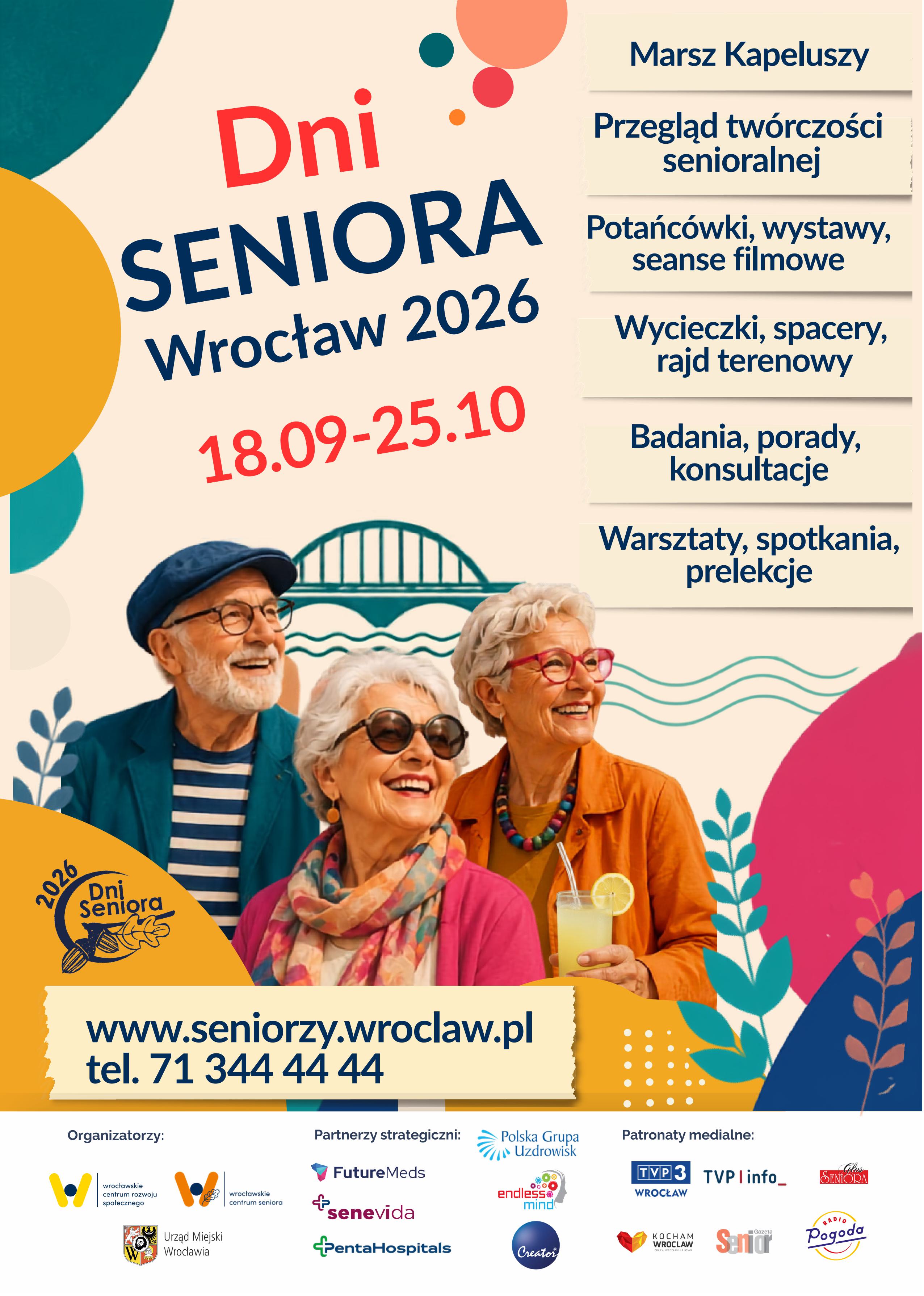 Wielkie otwarcie Dni Seniora Wrocław 2026  18 września od godz. 13:00-18:00 Plac Solny i&nbsp;wrocławski Rynek (Plac Gołębi) zamieni się w&nbsp;miejsce pełne kolor&oacute;w, uśmiech&oacute;w i&nbsp;niepowtarzalnych kapeluszy, kt&oacute;re stały się znakiem rozpoznawczym uroczystego otwarcia Dni Seniora.  W programie:  godz. 13:00 Stanowiska informacyjno-edukacyjne - strefa spotkań i&nbsp;informacji: bezpłatne badania profilaktyczne, konsultacje zdrowotne, konkursy. Pokazy tańca grup senioralnych, występy wokalne młodzieży  godz. 14:30 | Marsz Kapeluszy wok&oacute;ł Ratusza  godz. 15:00 | Uroczysta inauguracja z&nbsp;udziałem władz Wrocławia oraz&nbsp;Senioralnej Pary Kr&oacute;lewskiej | Wręczenie certyfikat&oacute;w &bdquo;Miejsca Przyjazne Seniorom&rdquo; i&nbsp;statuetek &bdquo;Przyjaciel Senior&oacute;w&rdquo; oraz&nbsp;nagr&oacute;d laureatom konkurs&oacute;w  godz. 16:00-18:00 | Prywatka z&nbsp;Radiem Pogoda połączona z&nbsp;koncertem Haliny Frąckowiak  Wstęp bezpłatny!  Szczeg&oacute;ły na&nbsp;stronie www.seniorzy.wroclaw.pl oraz&nbsp;w Punkcie Informacyjnym, Plac Dominikański 6, pok. nr 16, tel. 71 344 44 44  Wrocławskie Centrum Seniora-WCRS, jest organizatorem Dni Seniora, kt&oacute;re już od 17 lat gromadzą nie tylko senior&oacute;w z&nbsp;Wrocławia, ale&nbsp;i&nbsp;Dolnego Śląska.   
