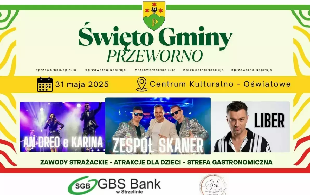 Plakat promujący wydarzenie pn. Święto Gminy Przeworno. Odbędzie się 31 maja 2025 r. przy Centrum Kulturalno - Oświatowym w Przewornie