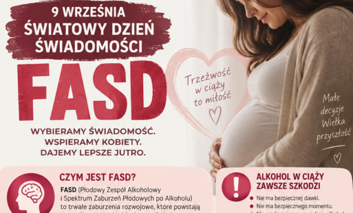 Plakat z okazji Światowego Dnia Świadomości FASD, obchodzonego 9 września. Na plakacie widoczna jest kobieta w ciąży oraz hasło „Trzeźwość w ciąży to miłość”. Grafika wyjaśnia, czym jest FASD, przypomina, że alkohol w ciąży zawsze szkodzi i nie istnieje jego bezpieczna dawka. Wymieniono możliwe konsekwencje FASD, m.in. trudności w uczeniu się, komunikacji, koncentracji, relacjach społecznych oraz regulacji emocji i zachowania. Plakat podkreśla, że FASD to nie wina dziecka, a osoby z FASD potrzebują zrozumienia i wsparcia. Końcowy przekaz zachęca partnerów, rodziny, specjalistów i lokalne społeczności do wspólnego działania na rzecz profilaktyki, wsparcia kobiet i zdrowia przyszłych pokoleń. 